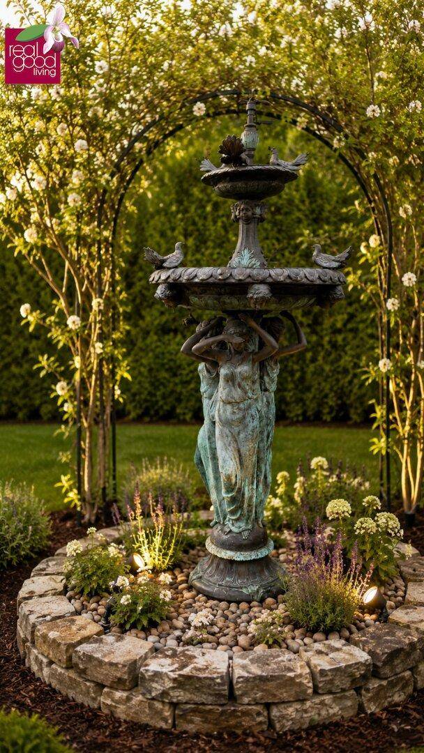 Dekorativer Gartenbrunnen umgeben von Blumenbeeten und grünen Pflanzen.