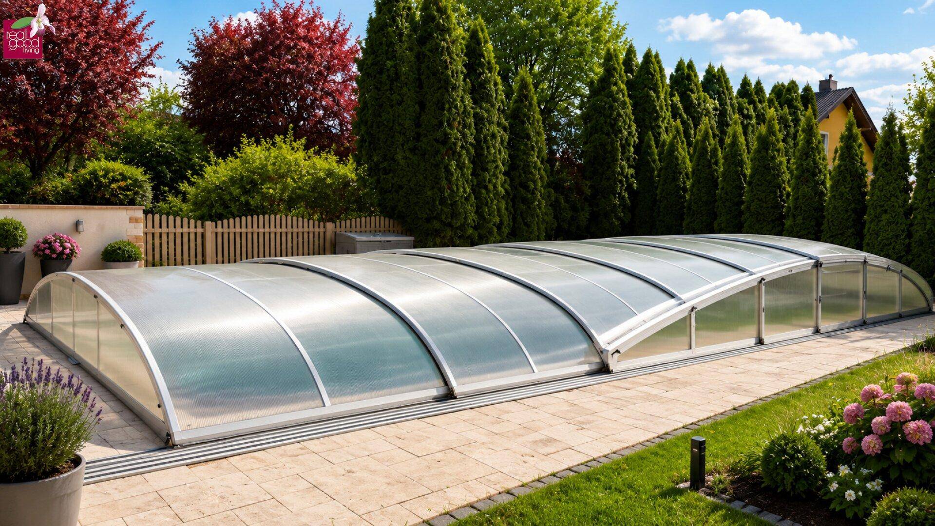 Überdachter Swimmingpool im Garten, umgeben von einer gepflasterten Terrasse und grünen Hecken.