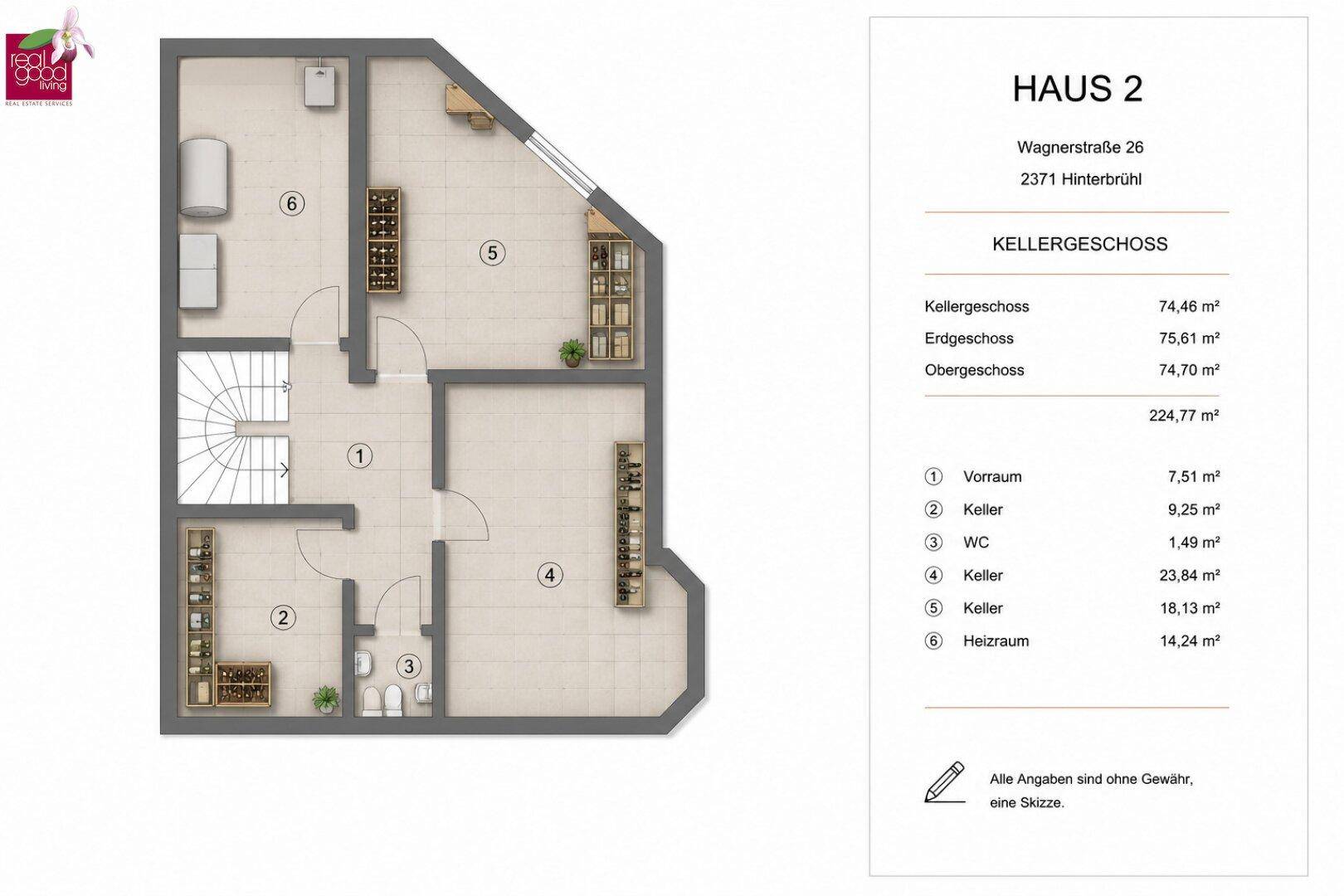 Grundriss des Kellergeschosses mit Vorraum, Kellerräumen, WC und Heizraum.