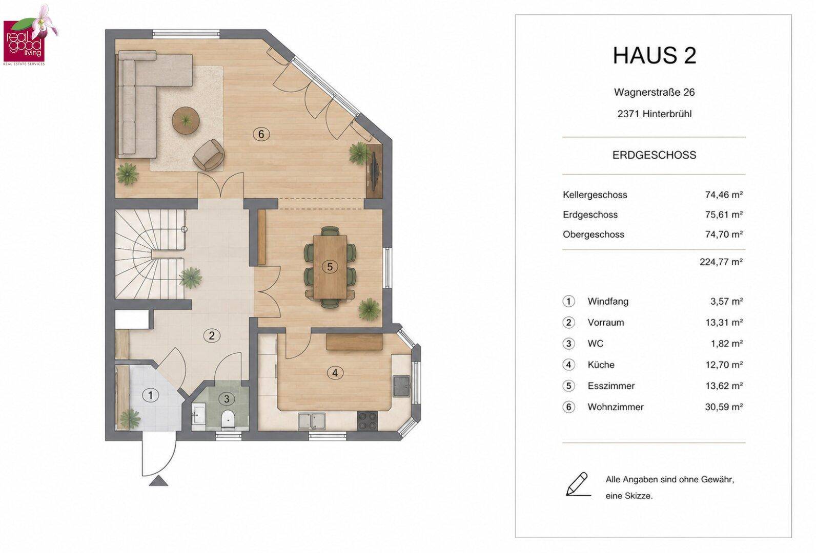 Grundriss des Erdgeschosses mit Windfang, Vorraum, WC, Küche, Esszimmer und Wohnzimmer.