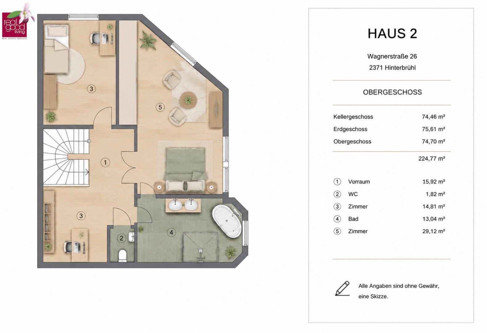 Grundriss des Obergeschosses mit Vorraum, WC, drei Zimmern und einem Badezimmer mit Badewanne.