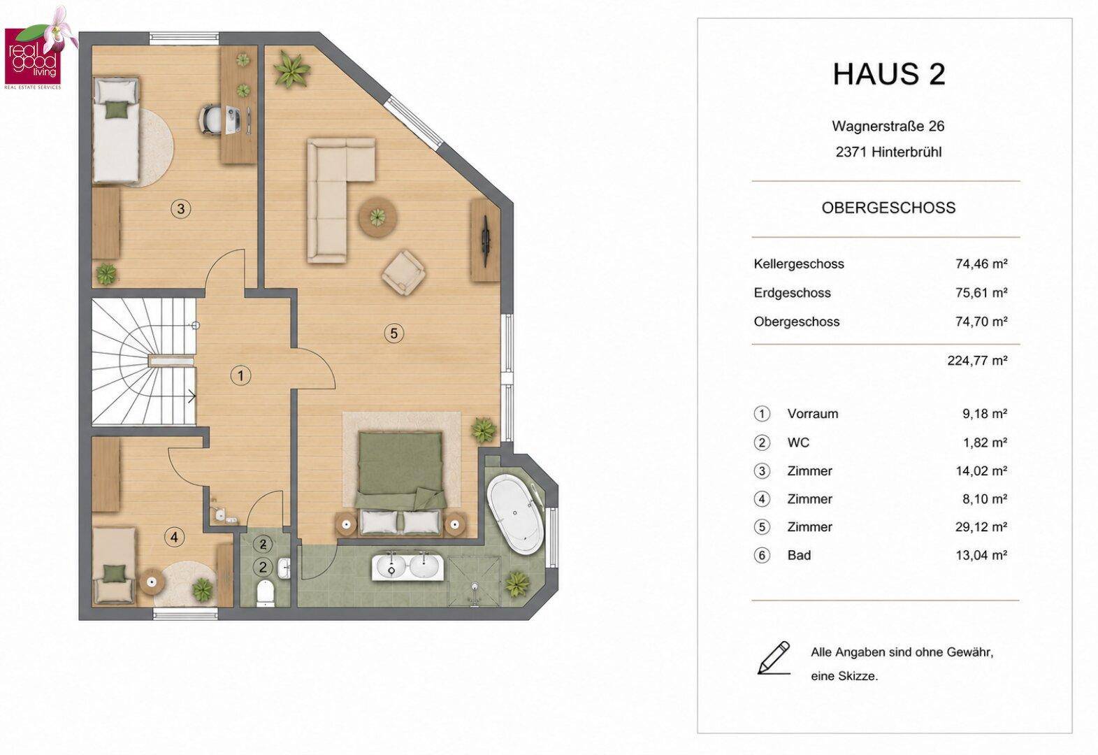Alternativer Grundriss des Obergeschosses mit Vorraum, WC, drei Zimmern und einem Badezimmer.