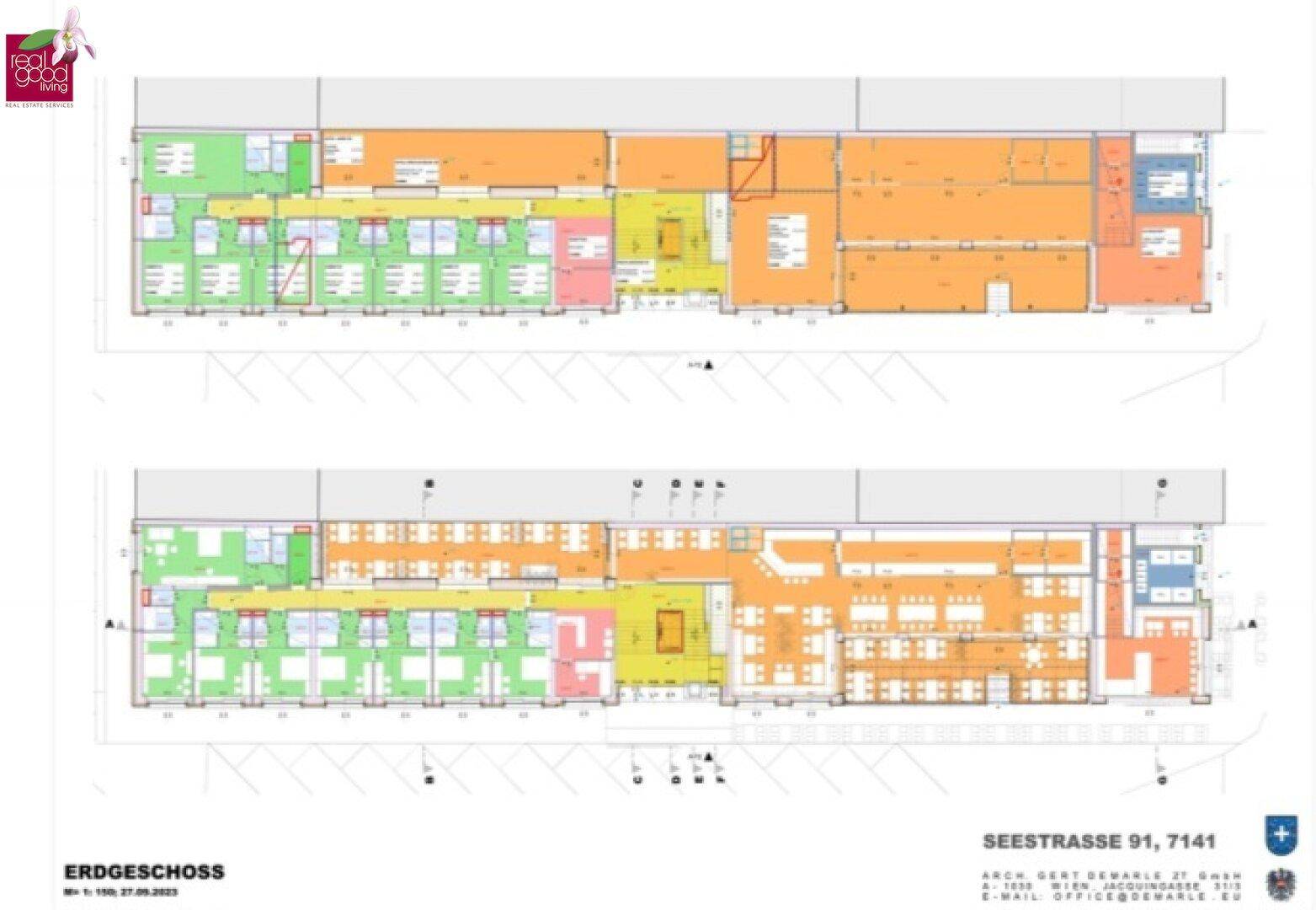 Detaillierte Grundrisspläne des Erdgeschosses mit verschiedenen Räumen und einer klaren Raumaufteilung.