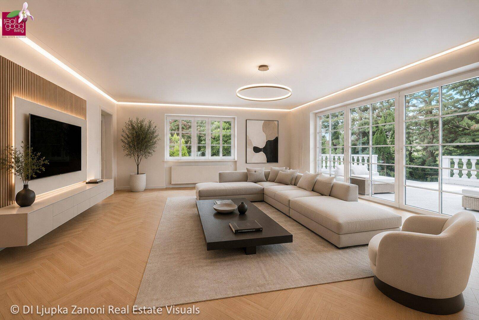 Modernes Wohnzimmer mit großem Sofa, integriertem TV-Bereich und viel Tageslicht.