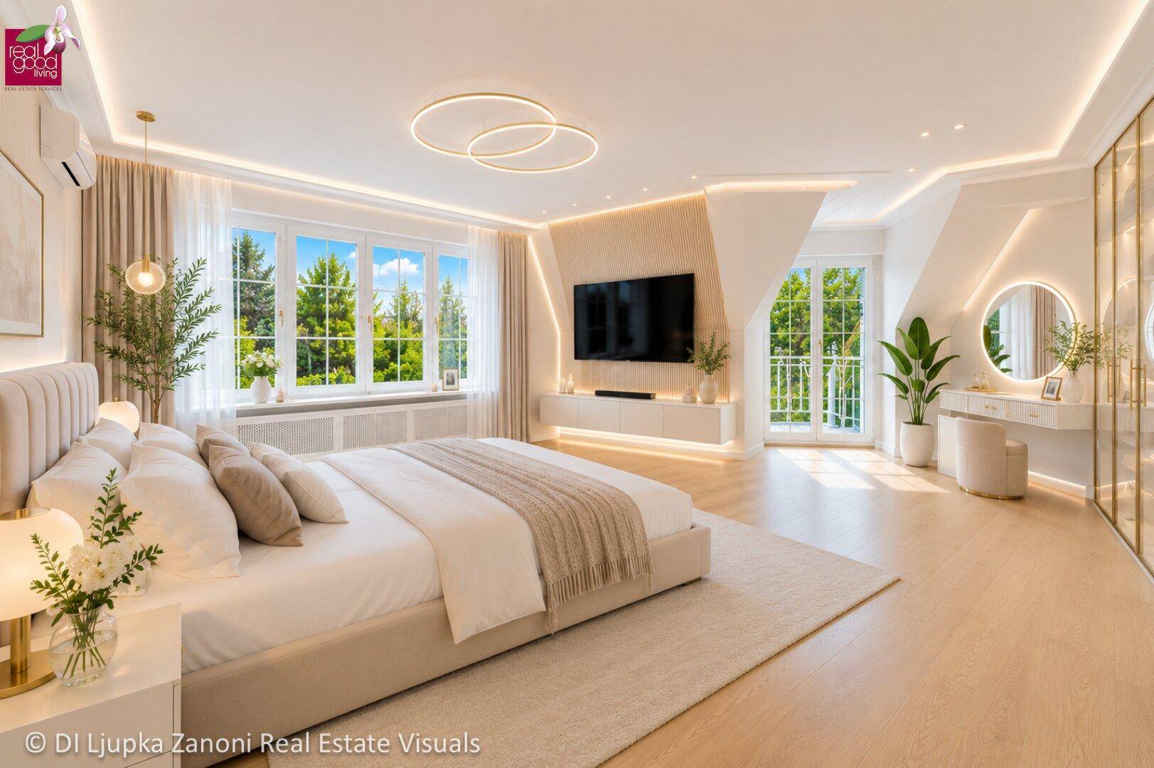 Luxuriöses Schlafzimmer mit großem Bett, Klimaanlage, Schminktisch und Zugang zum französischen Balkon.
