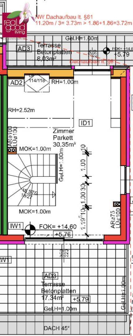 Grundriss des Dachgeschosses mit großem Zimmer, zwei Terrassen und Dachschrägen.