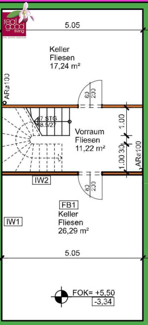 Grundriss des Kellers mit zwei großen Kellerräumen und einem Vorraum.