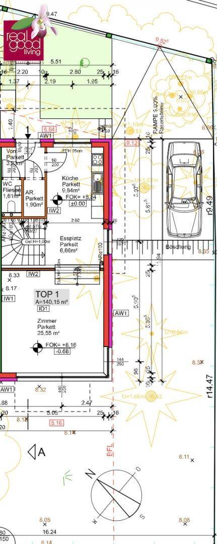 Grundriss des Erdgeschosses mit offener Küche, Essbereich, Wohnzimmer und Zugang zum Garten.