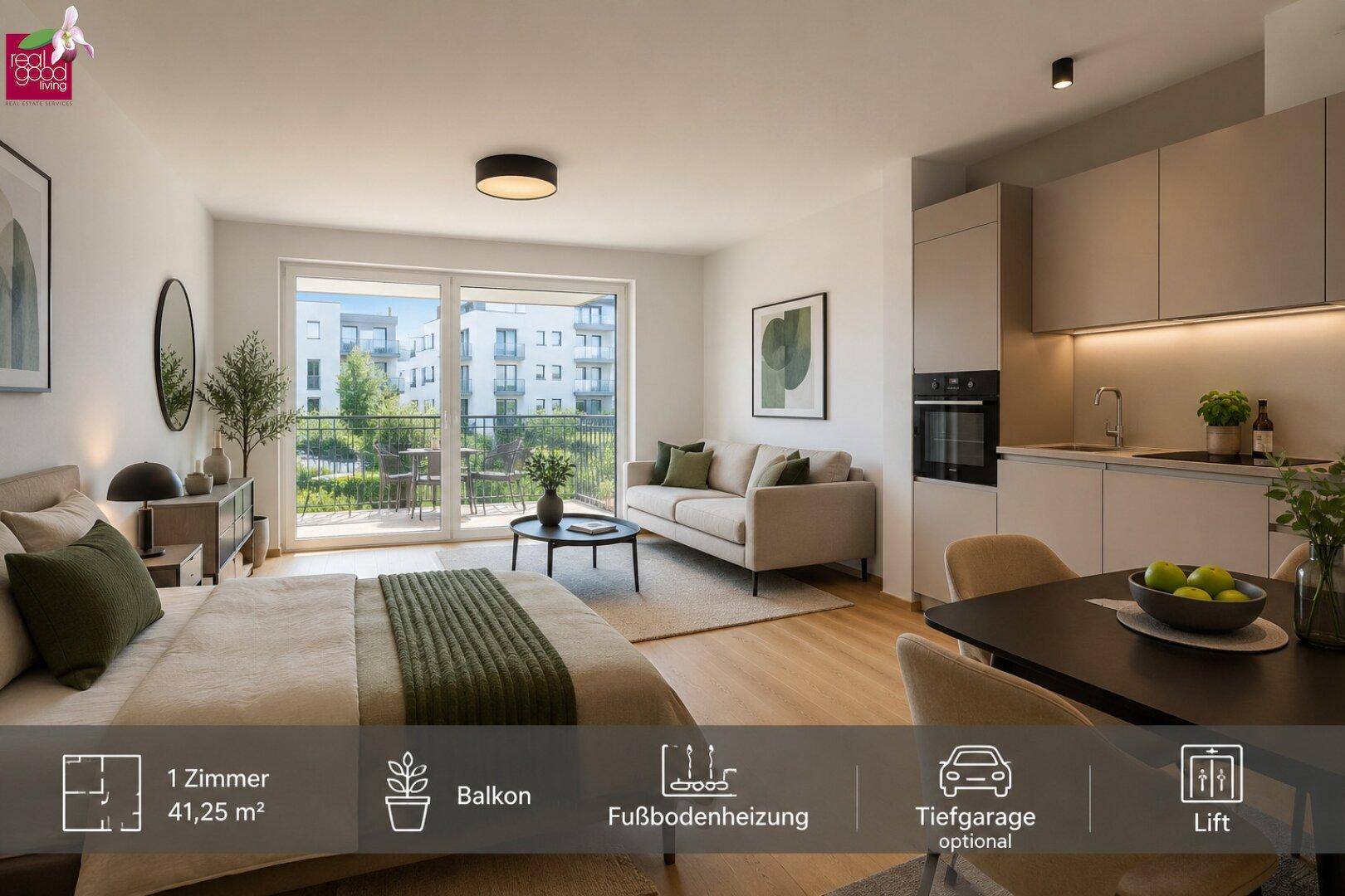 Modernes Studio-Apartment mit offener Küche, hellem Wohnbereich, Schlafzone und Zugang zum Balkon mit Grünblick.