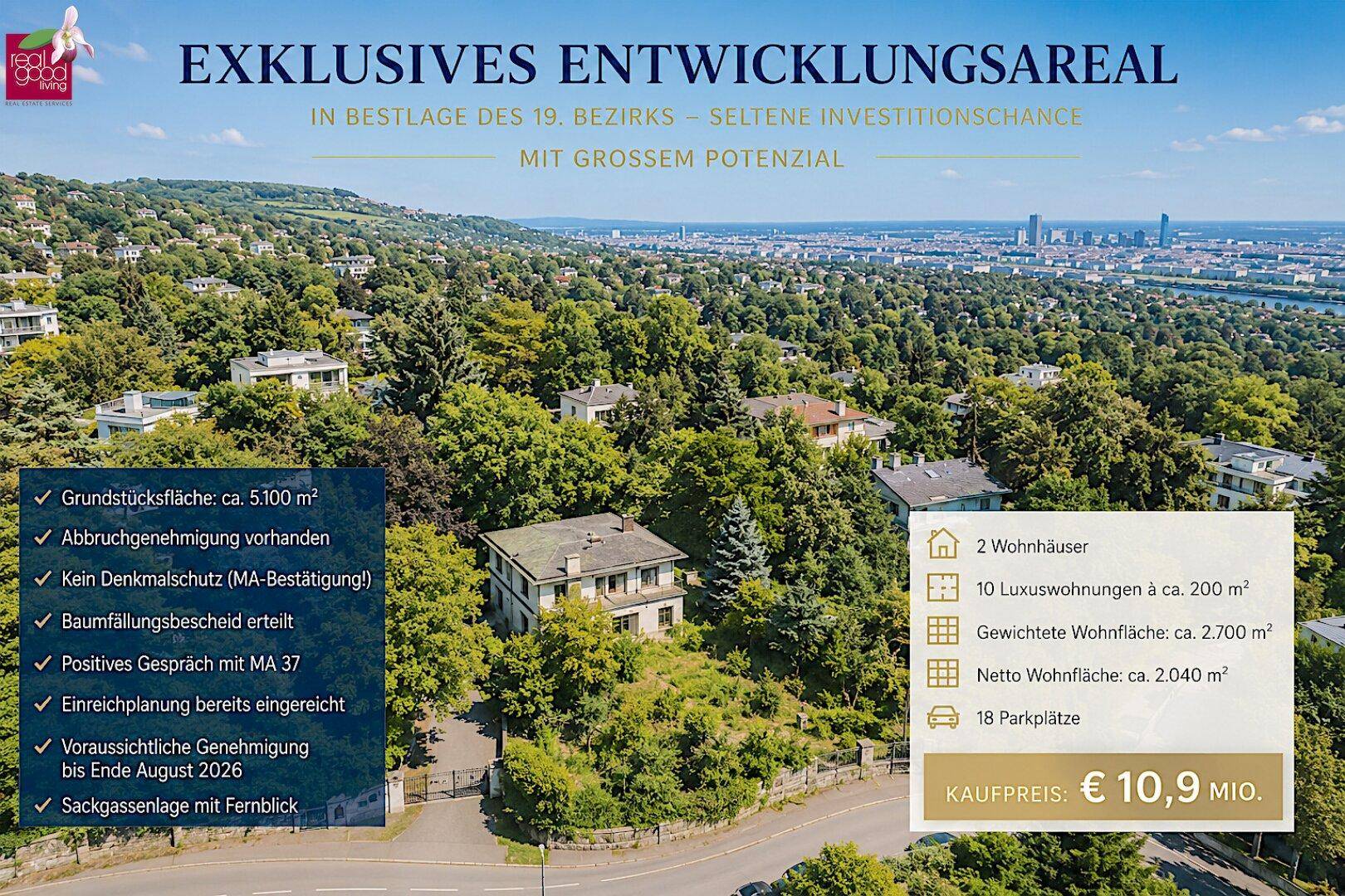 Luftaufnahme eines exklusiven Entwicklungsareals mit bestehendem Gebäude, umgeben von viel Grün und weitem Stadtblick.