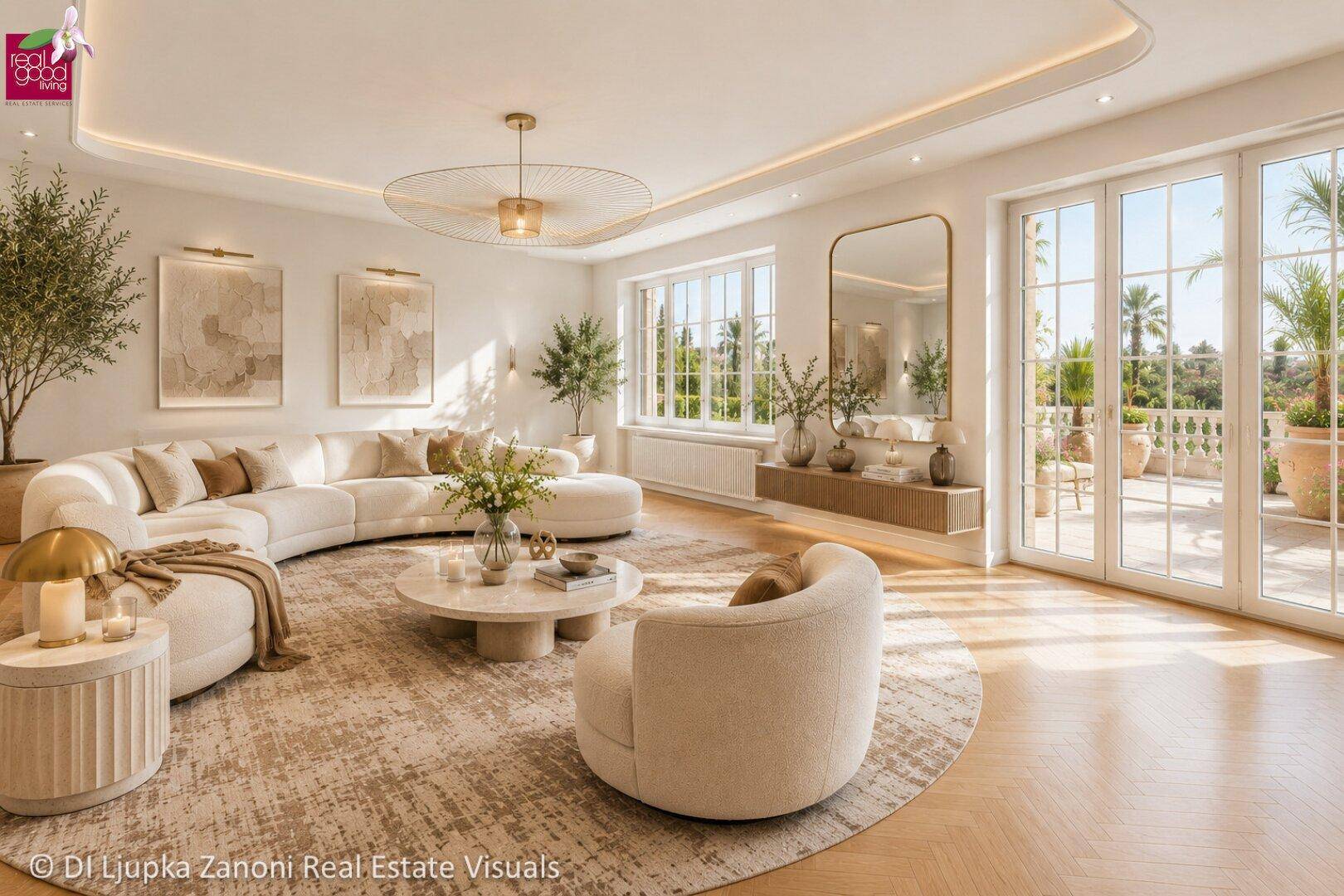 Elegantes Wohnzimmer mit großen Fenstern, bequemen Sofas und Zugang zur sonnigen Terrasse.