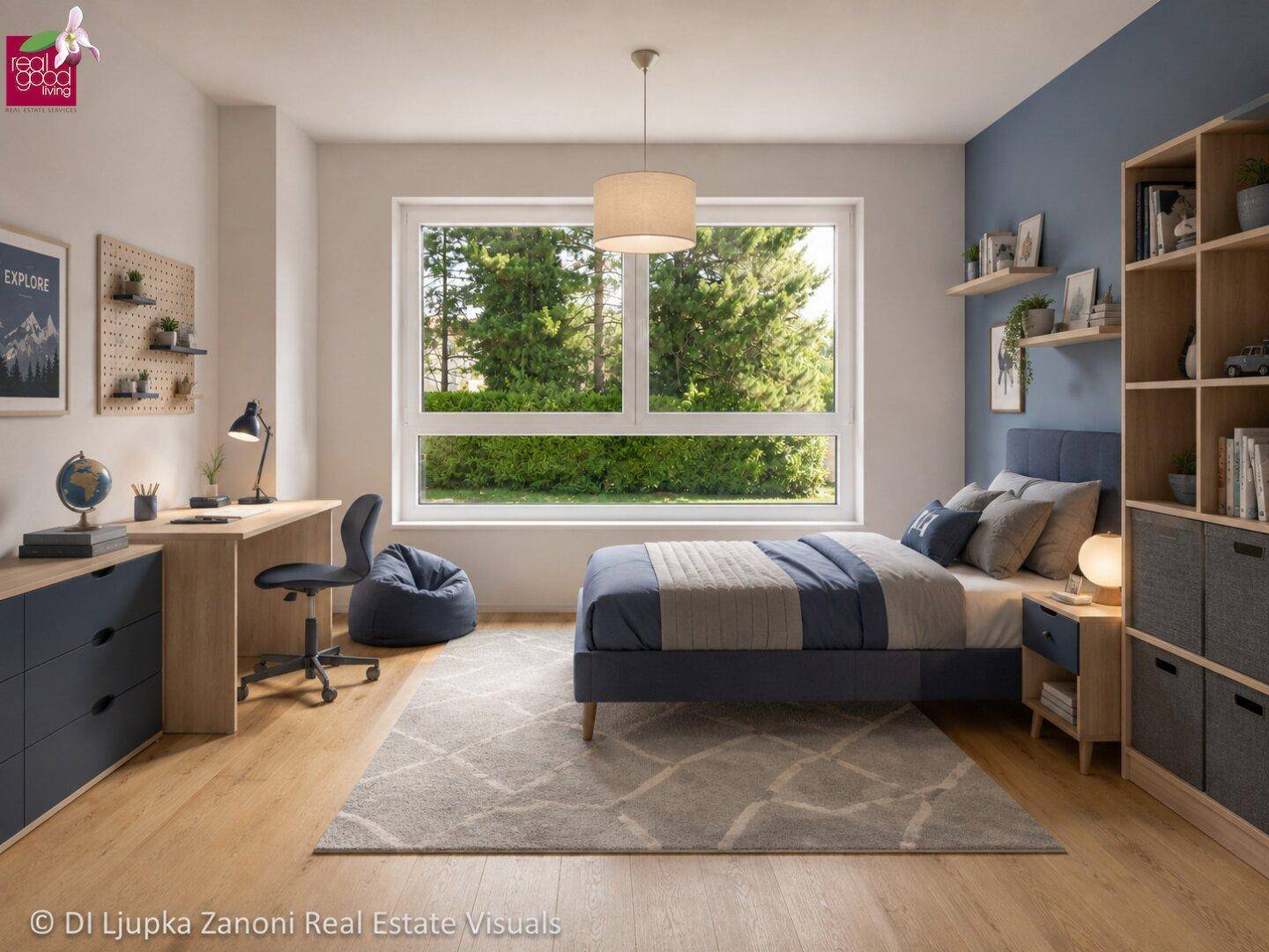 Kinderzimmer oder Gästezimmer mit Schreibtisch, Holzboden und Blick auf Bäume.