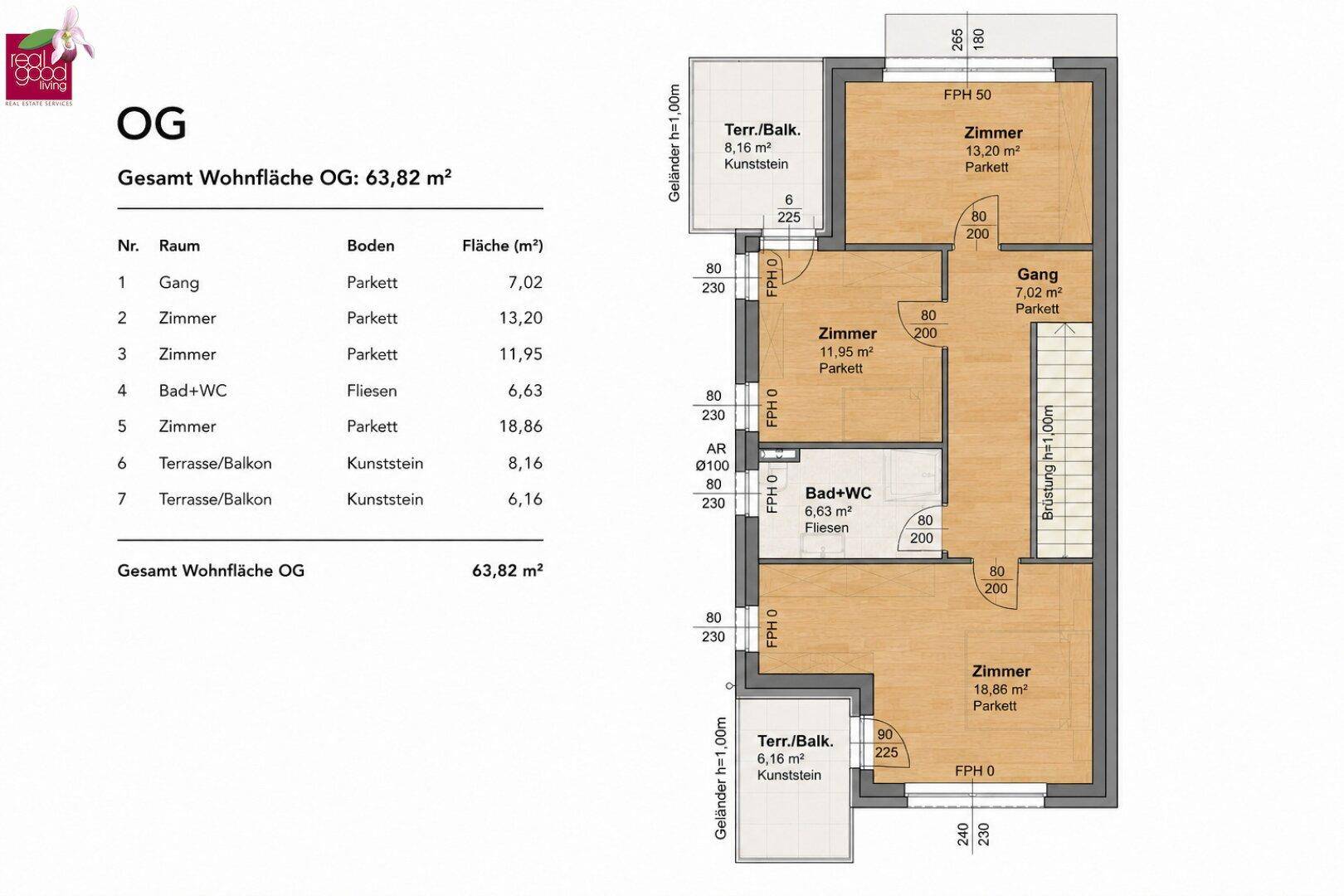 Grundriss des Obergeschosses mit drei Zimmern, Bad und zwei Terrassen/Balkonen.