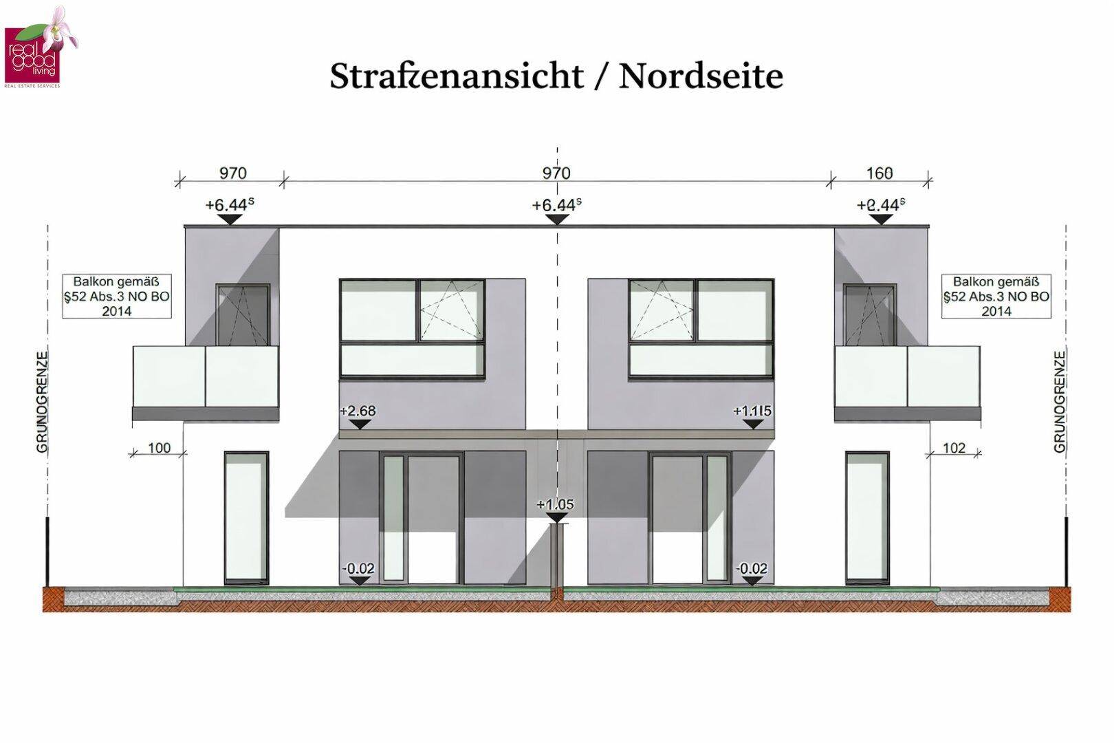 Detaillierte Straßenansicht der Nordseite mit Maßen und Balkonen.