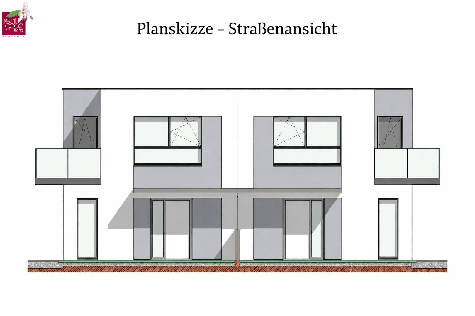 Planskizze der Straßenansicht einer Doppelhaushälfte mit Balkonen und großen Fenstern.