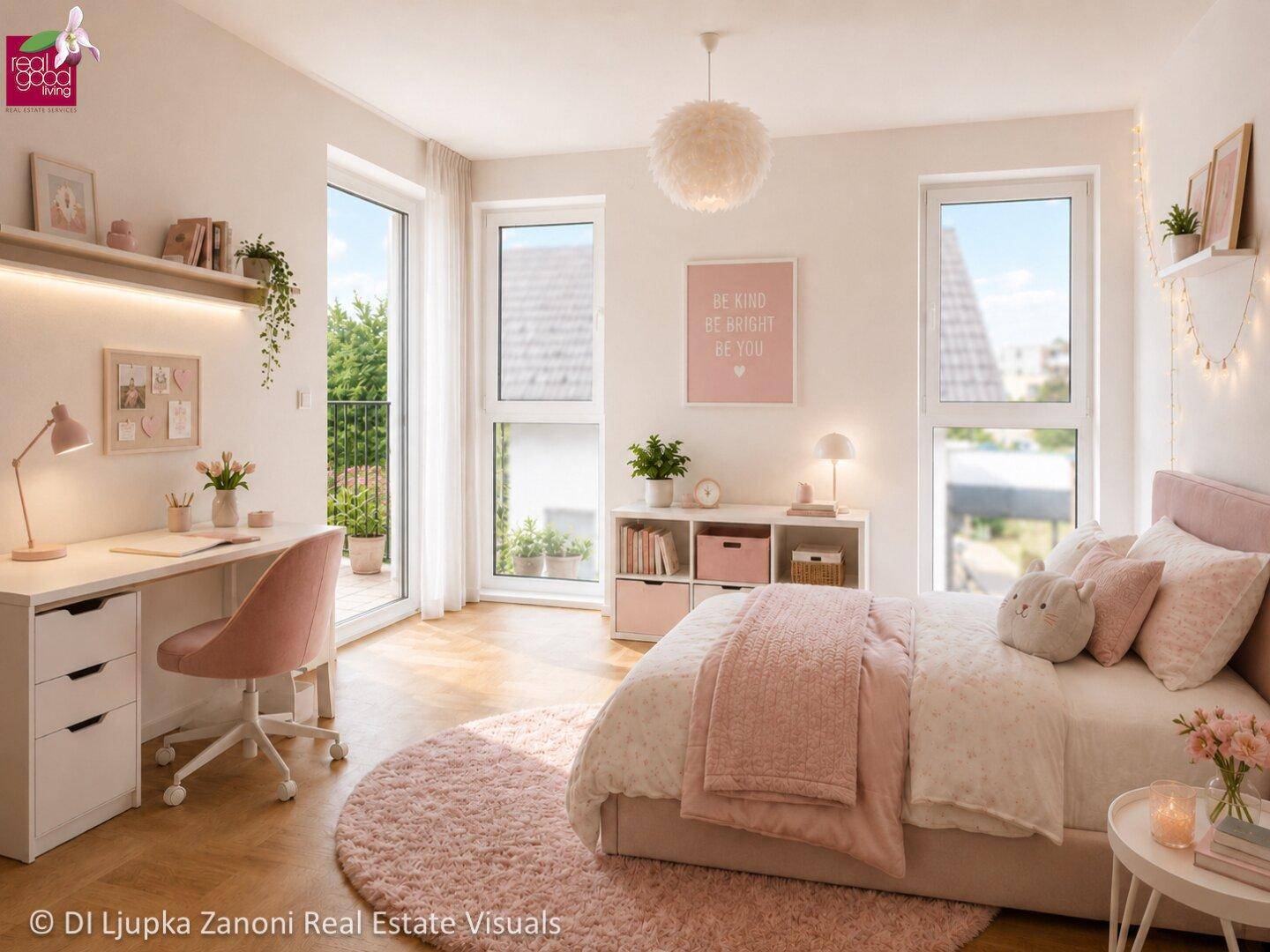 Mädchenzimmer mit Balkonzugang, hellem Holzboden und freundlicher, moderner Einrichtung.