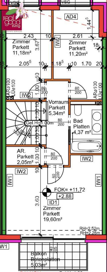 Grundriss einer Etage mit drei Zimmern, Bad, Vorraum und Balkon. Die Zimmer sind mit Parkett ausgestattet, das Bad gefliest.
