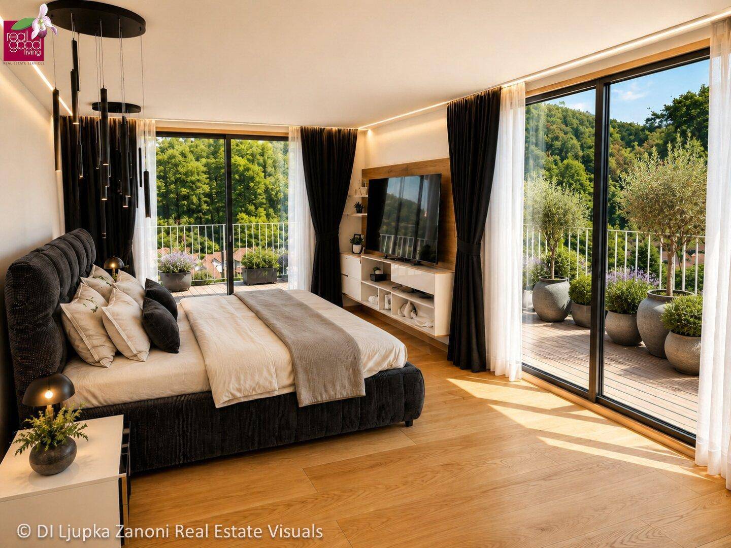 Helles Schlafzimmer mit großem Bett, Holzboden und Zugang zu einer weitläufigen Terrasse mit Bergblick.