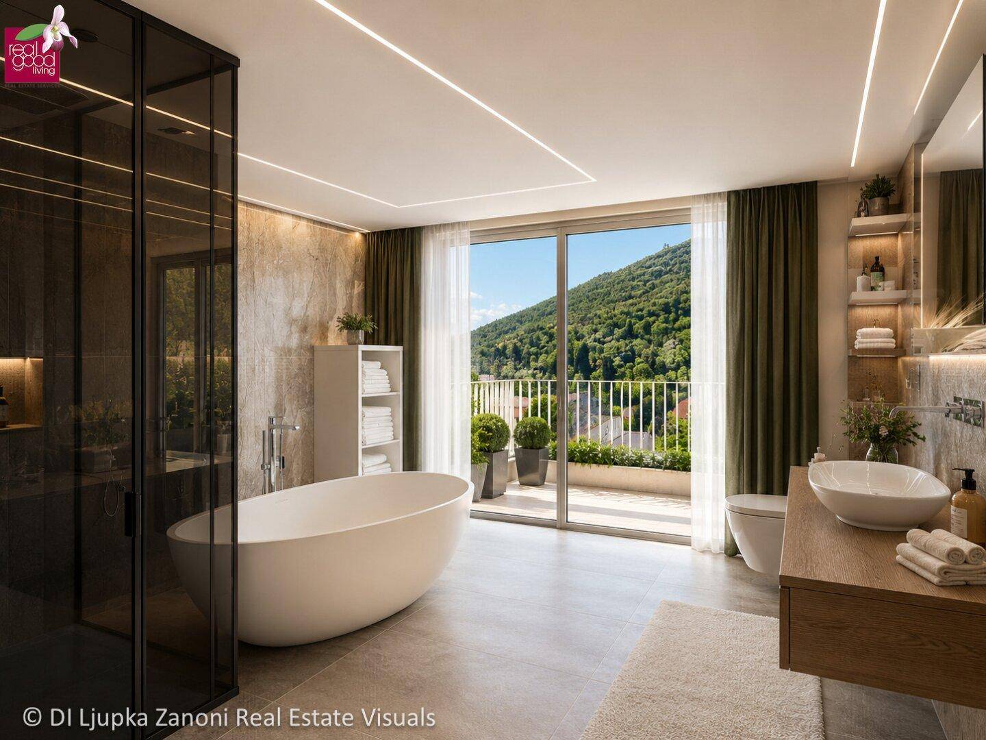 Modernes Badezimmer mit freistehender Badewanne, großer Dusche und Balkonzugang mit Bergblick.