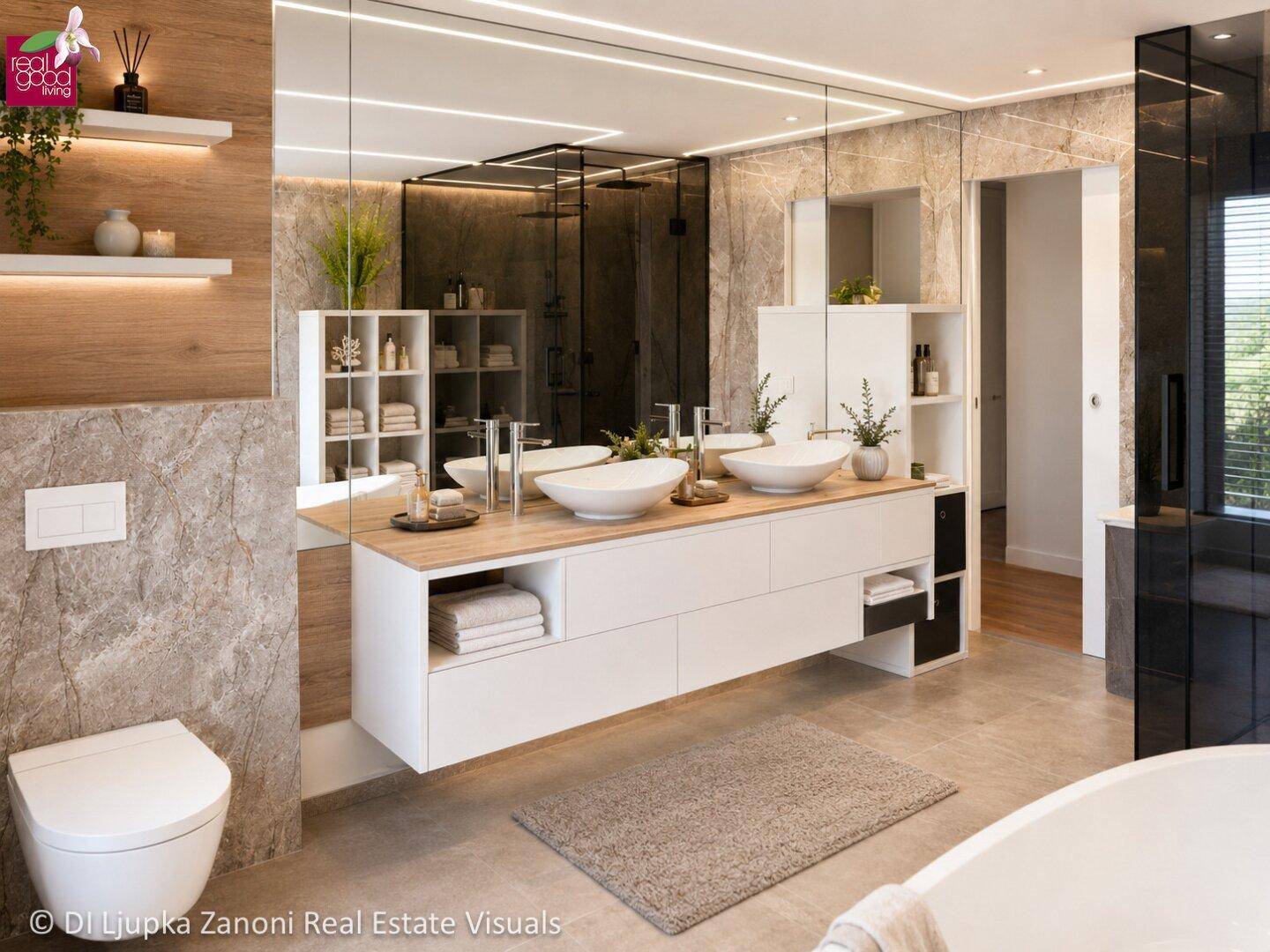Luxuriöses Badezimmer mit Doppelwaschbecken, großer Spiegelfläche und begehbarer Dusche.