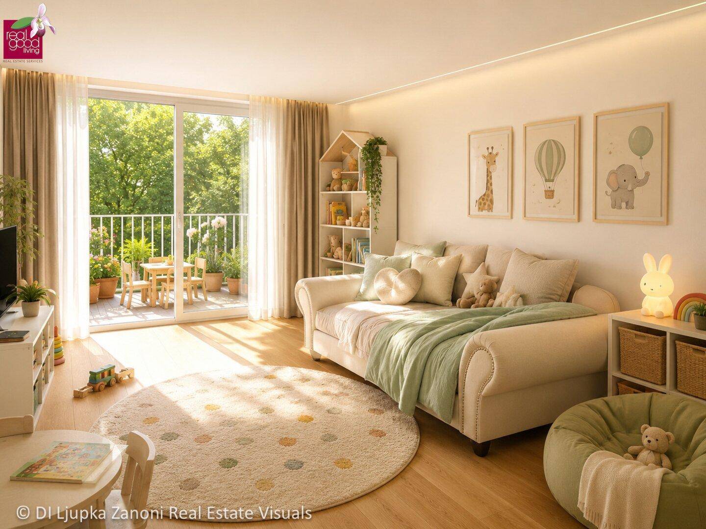 Helles Kinderzimmer mit Spielbereich, gemütlichem Sofa und Zugang zu einem sonnigen Balkon.