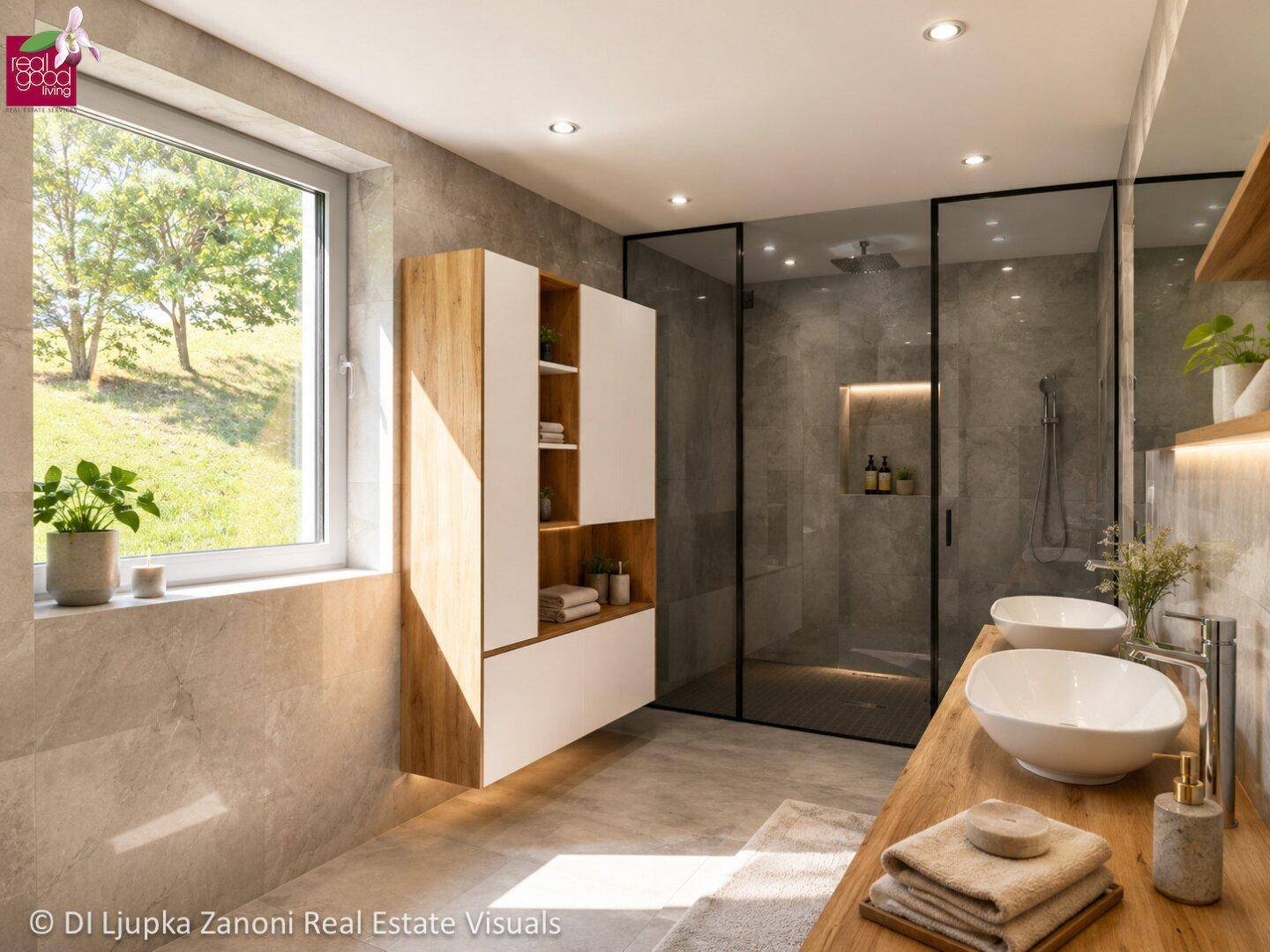 Modernes Badezimmer mit großer begehbarer Dusche, Doppelwaschbecken und Fenster mit Grünblick.