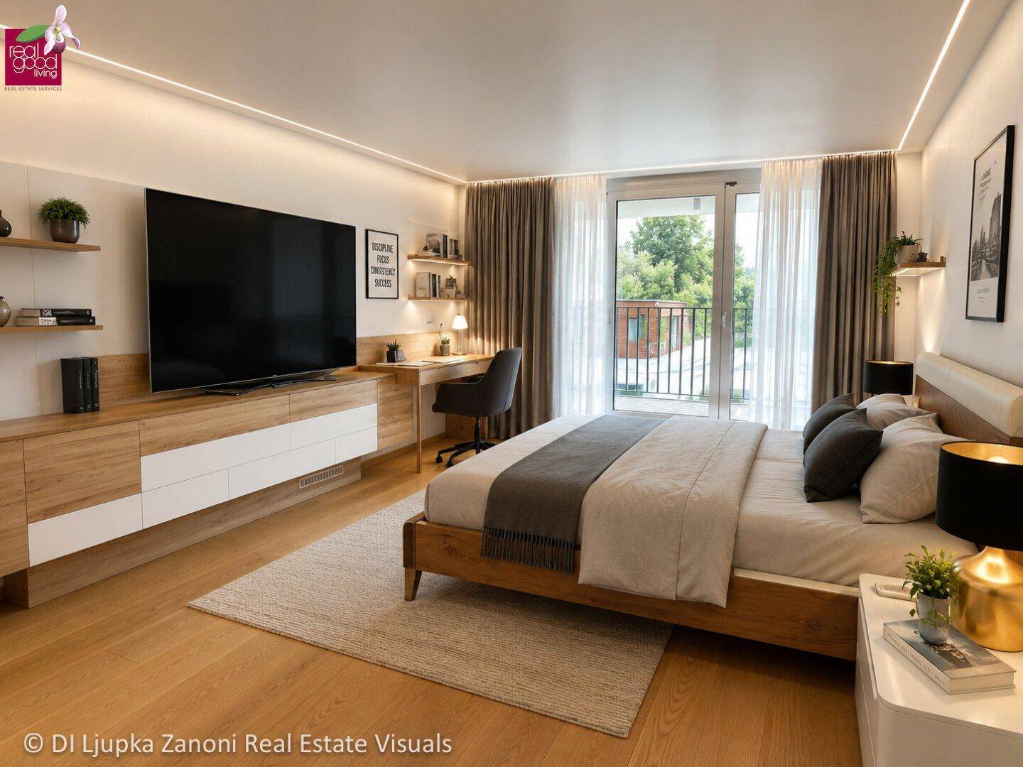 Modernes Schlafzimmer mit großem Bett, Schreibtisch und Zugang zu einem Balkon mit Grünblick.