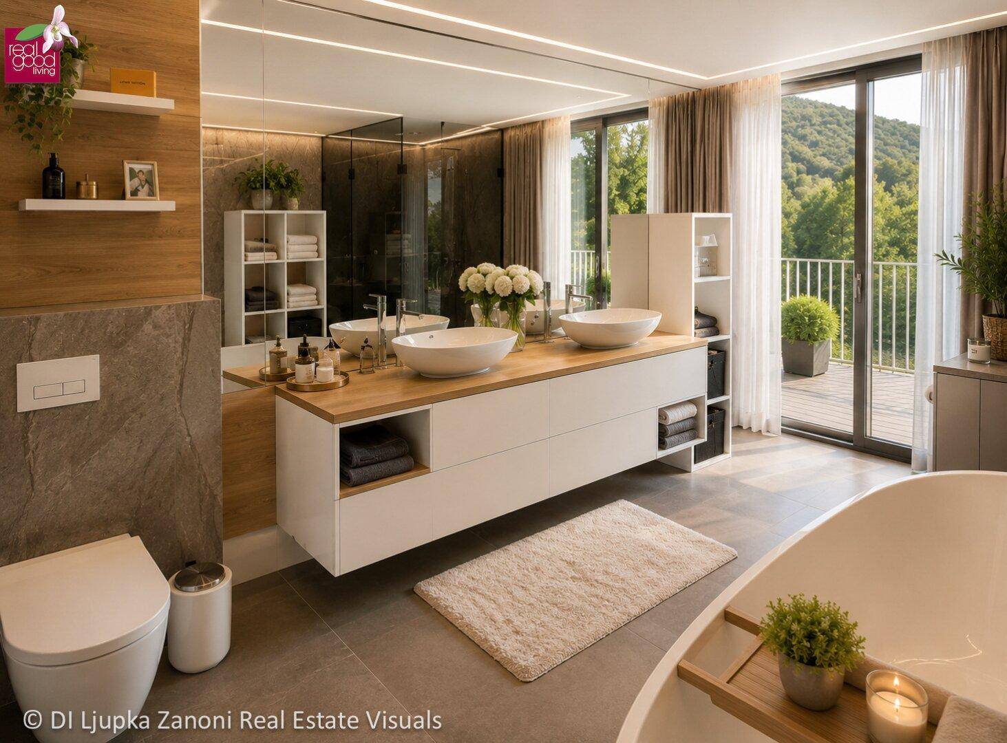 Geräumiges Badezimmer mit Doppelwaschbecken, freistehender Badewanne und Balkonzugang mit Bergblick.