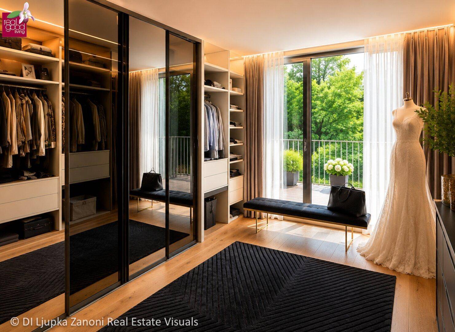 Geräumiger begehbarer Kleiderschrank mit Spiegeltüren, viel Stauraum und Zugang zur Terrasse.