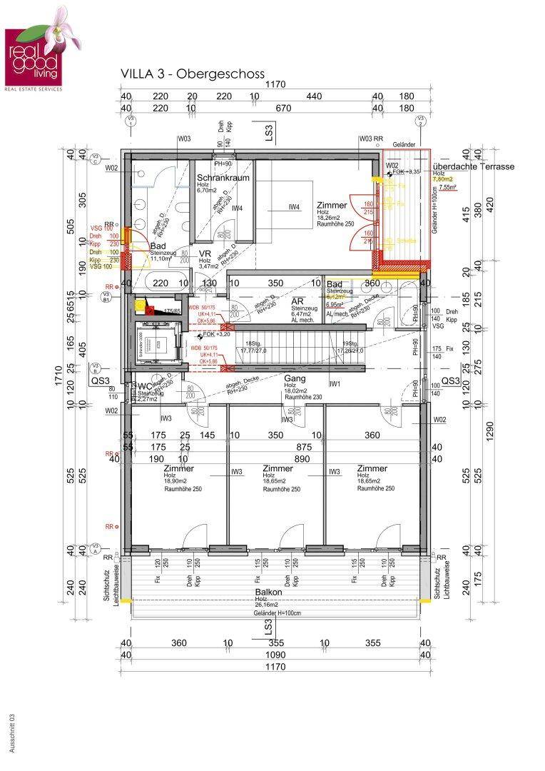 Obergeschoss-Grundriss der Villa 3 mit Schlafzimmern, Bädern, begehbarem Schrankraum und Balkon.