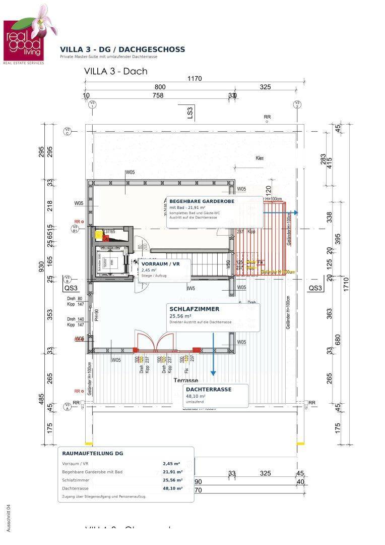 Dachgeschoss-Grundriss der Villa 3 mit Schlafzimmer, begehbarer Garderobe und Dachterrasse.