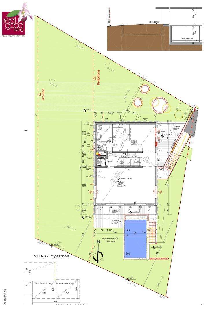 Erdgeschoss-Grundriss der Villa 3 mit Wohnbereich, Küche, Terrasse und Außenpool.