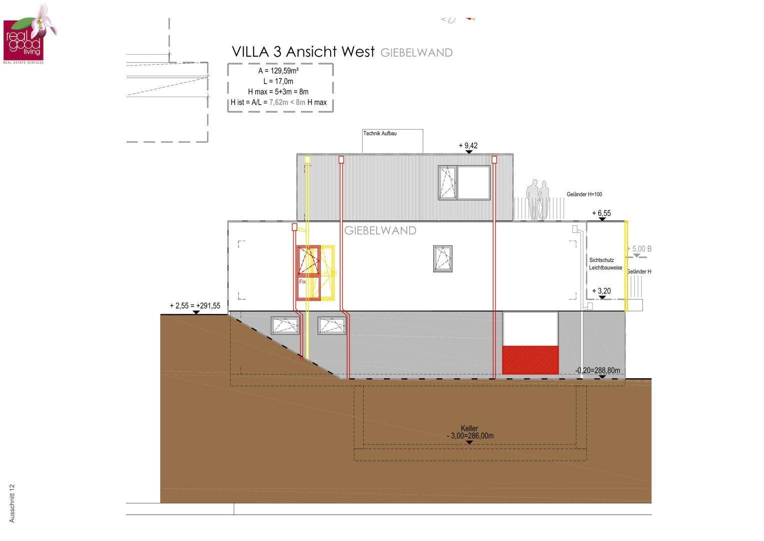 Westansicht der Villa 3 mit Giebelwand, großen Fenstern und moderner Architektur.