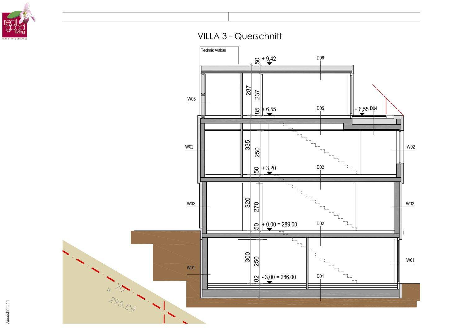 Querschnitt der Villa 3 zeigt die vertikale Struktur, hohe Decken und Geschosseinteilung.