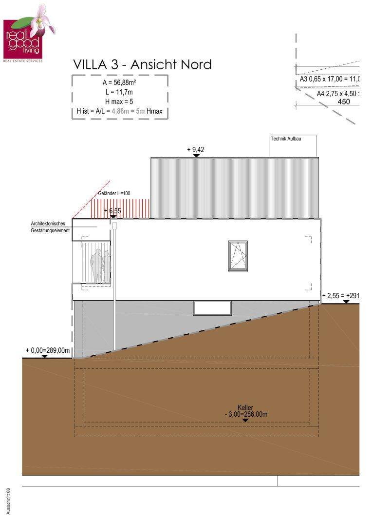 Nordansicht der Villa 3 mit Kellergeschoss und architektonischen Gestaltungselementen.