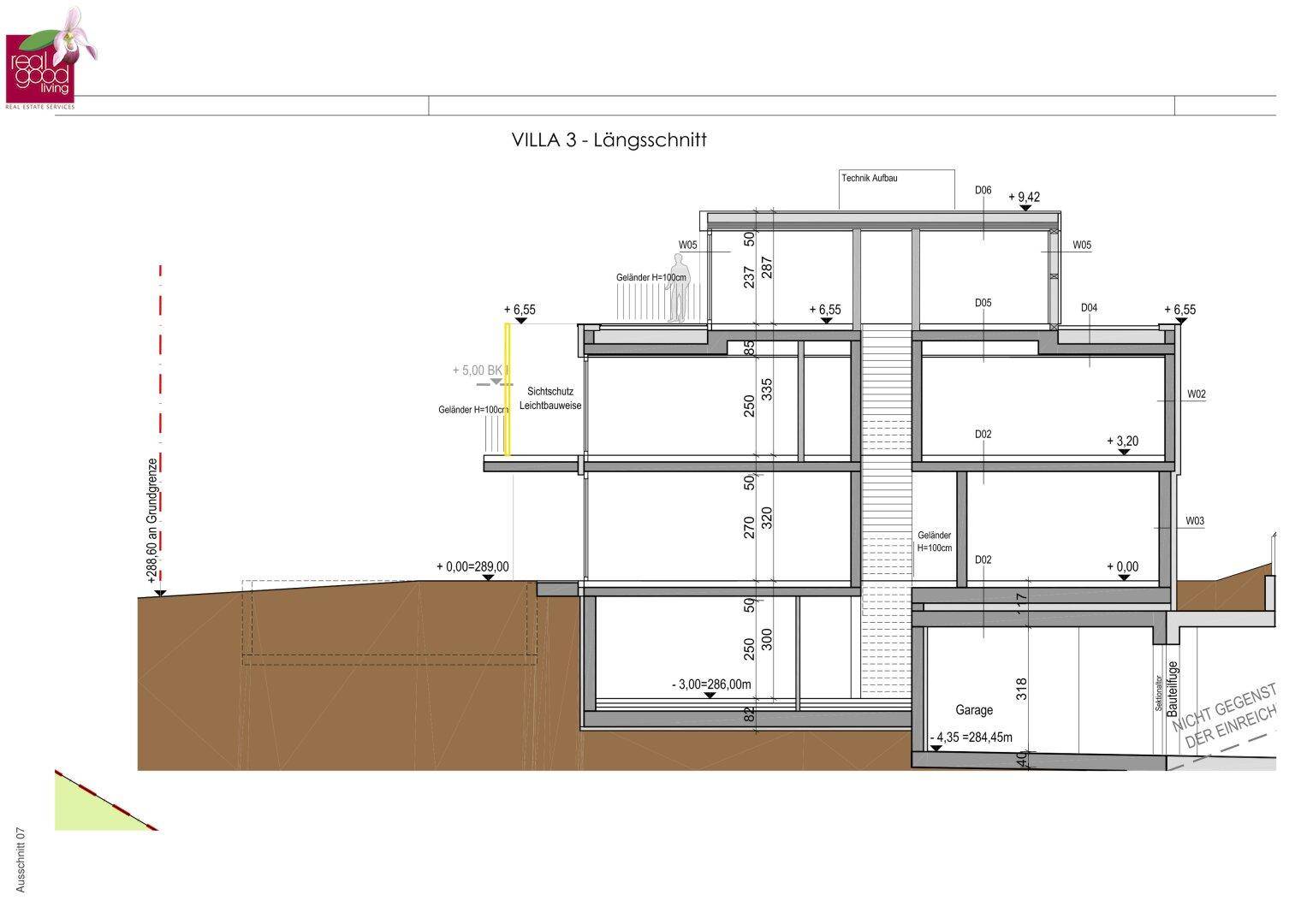 Längsschnitt der Villa 3 mit Garage, Keller und mehreren Wohnebenen.