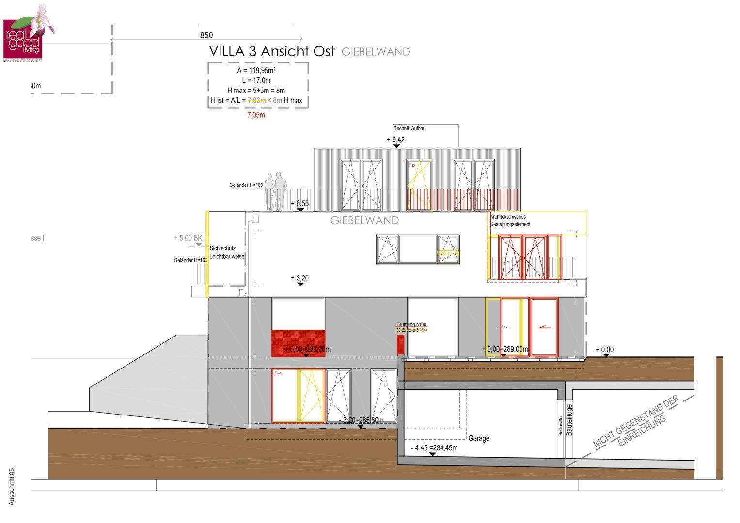 Ostansicht der Villa 3 mit Giebelwand, Garage und verschiedenen Fensterfronten.