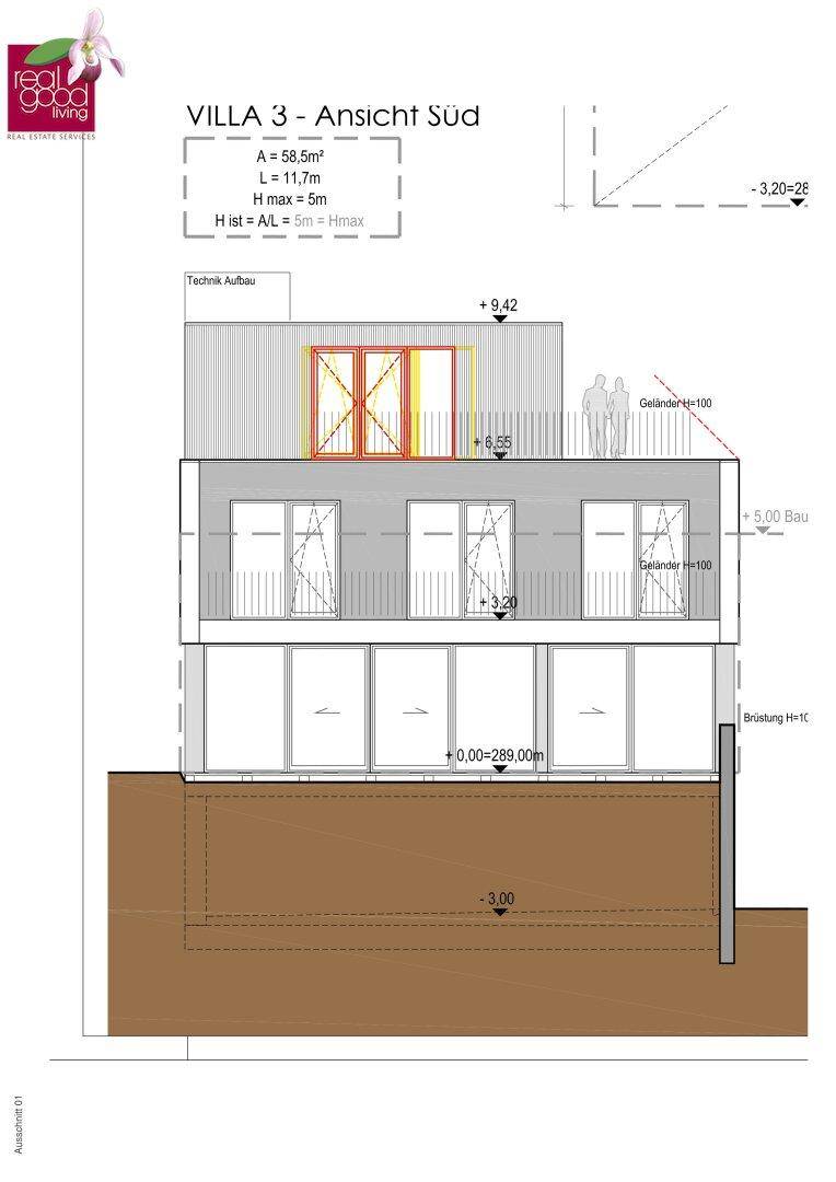 Südansicht der Villa 3 mit großen Fensterfronten und Balkonen auf mehreren Ebenen.