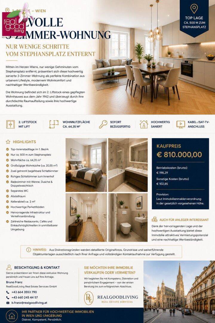 Hochwertige Collage zeigt offene Wohnküche, modernes Schlafzimmer, stilvolle Bäder und einen Blick auf die Stadt.