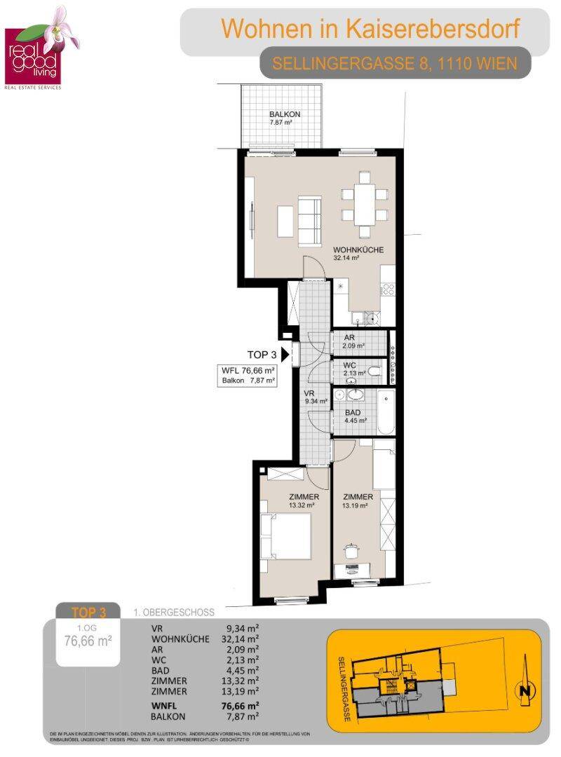 Grundriss der Wohnung TOP 3 im 1. Obergeschoss mit offener Wohnküche, zwei Schlafzimmern und Balkon.