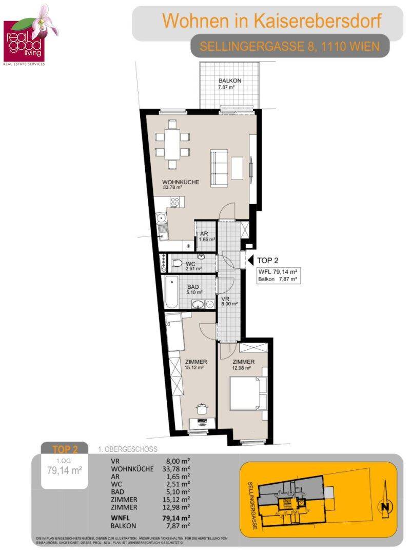 Grundriss der Wohnung TOP 2 im 1. Obergeschoss mit Wohnküche, zwei Zimmern und Balkon.