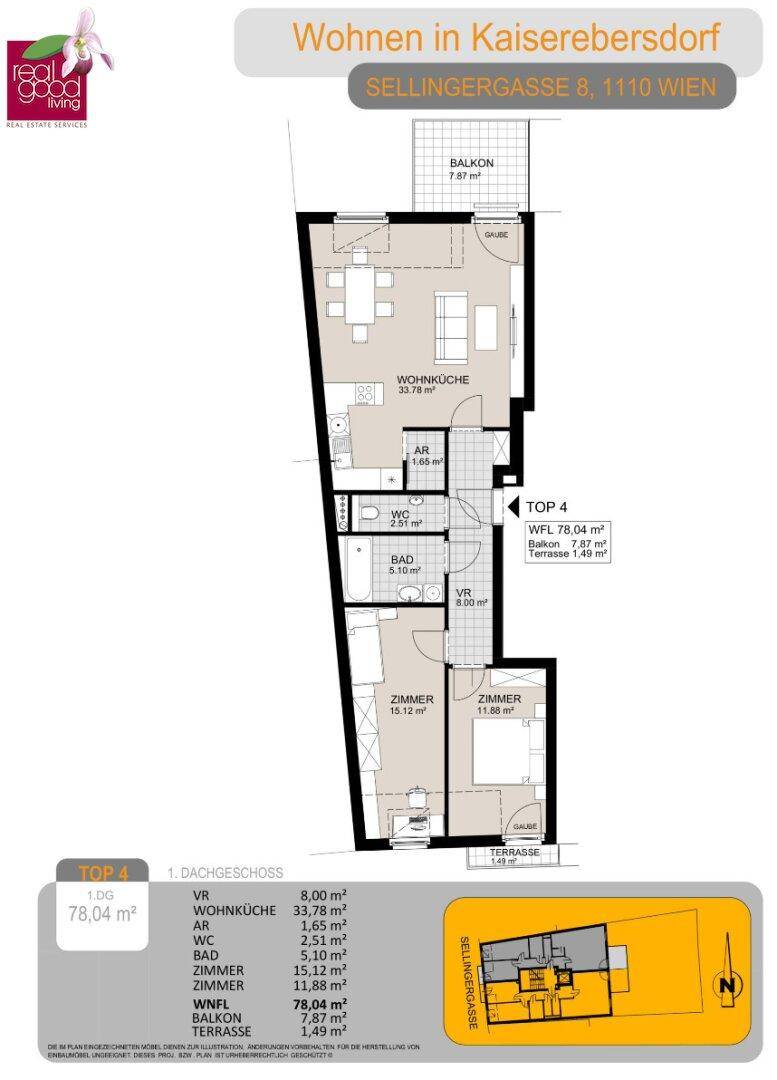 Grundriss der Dachgeschosswohnung TOP 4 mit Wohnküche, zwei Zimmern, Balkon und Terrasse.
