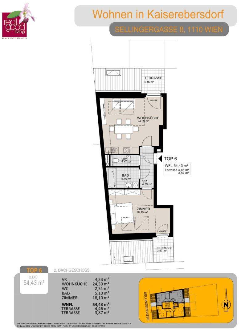 Grundriss der Dachgeschosswohnung TOP 6 mit Wohnküche, einem Zimmer und zwei Terrassen.