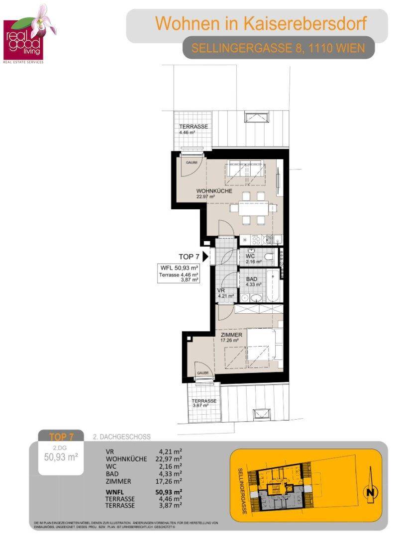 Grundriss der Dachgeschosswohnung TOP 7 mit Wohnküche, einem Schlafzimmer und zwei Terrassen.