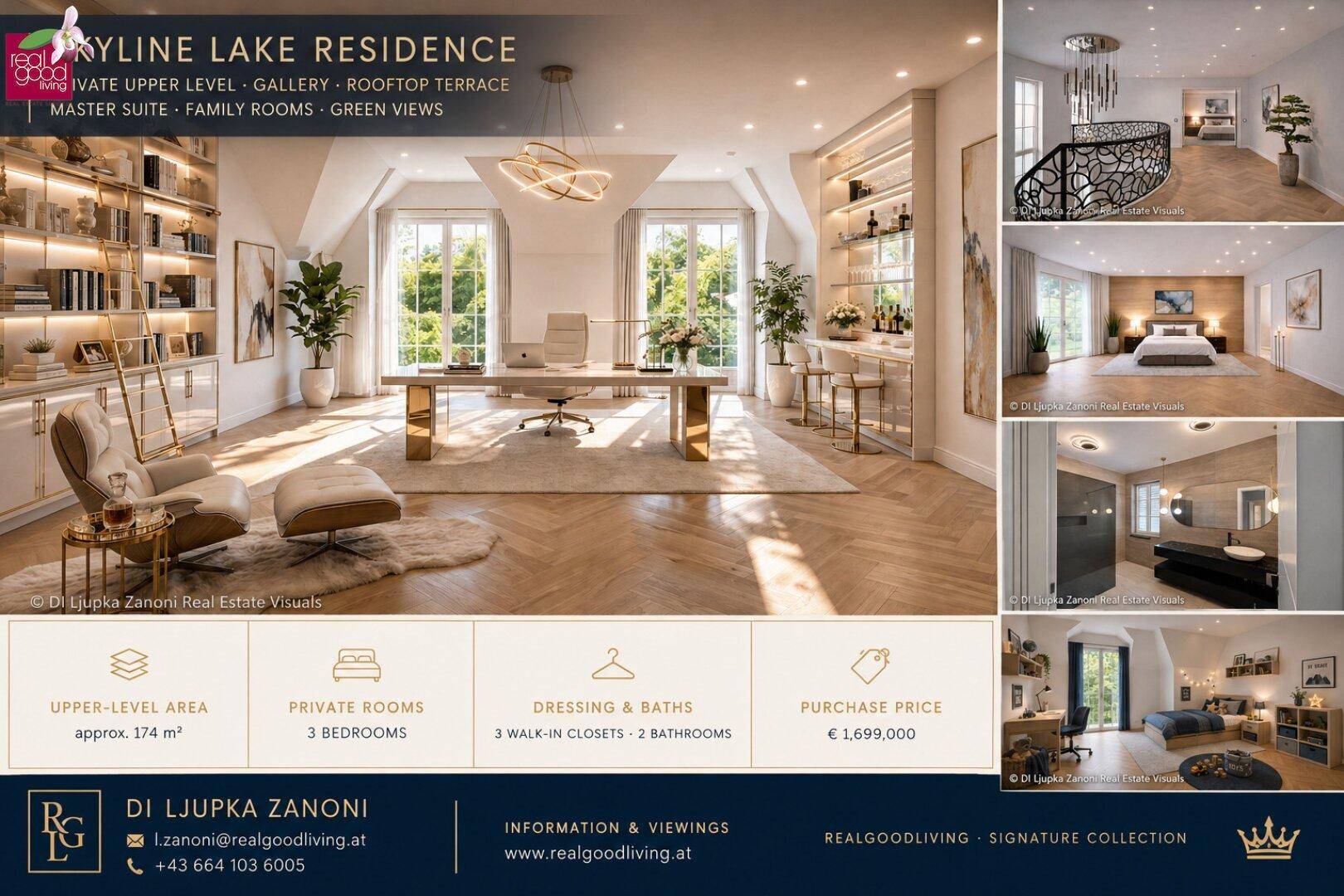 Elegantes Arbeitszimmer mit hohen Decken und integrierten Regalen, ergänzt durch luxuriöse Schlaf- und Badezimmer.