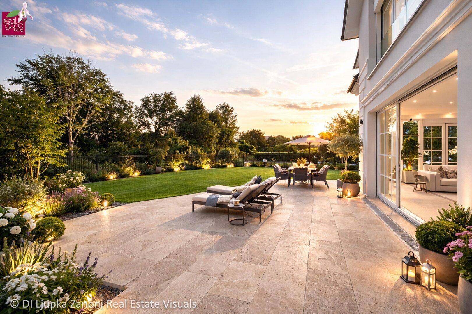 Großzügige Terrasse mit Liegestühlen und Essbereich, umgeben von einem gepflegten Garten bei Sonnenuntergang.