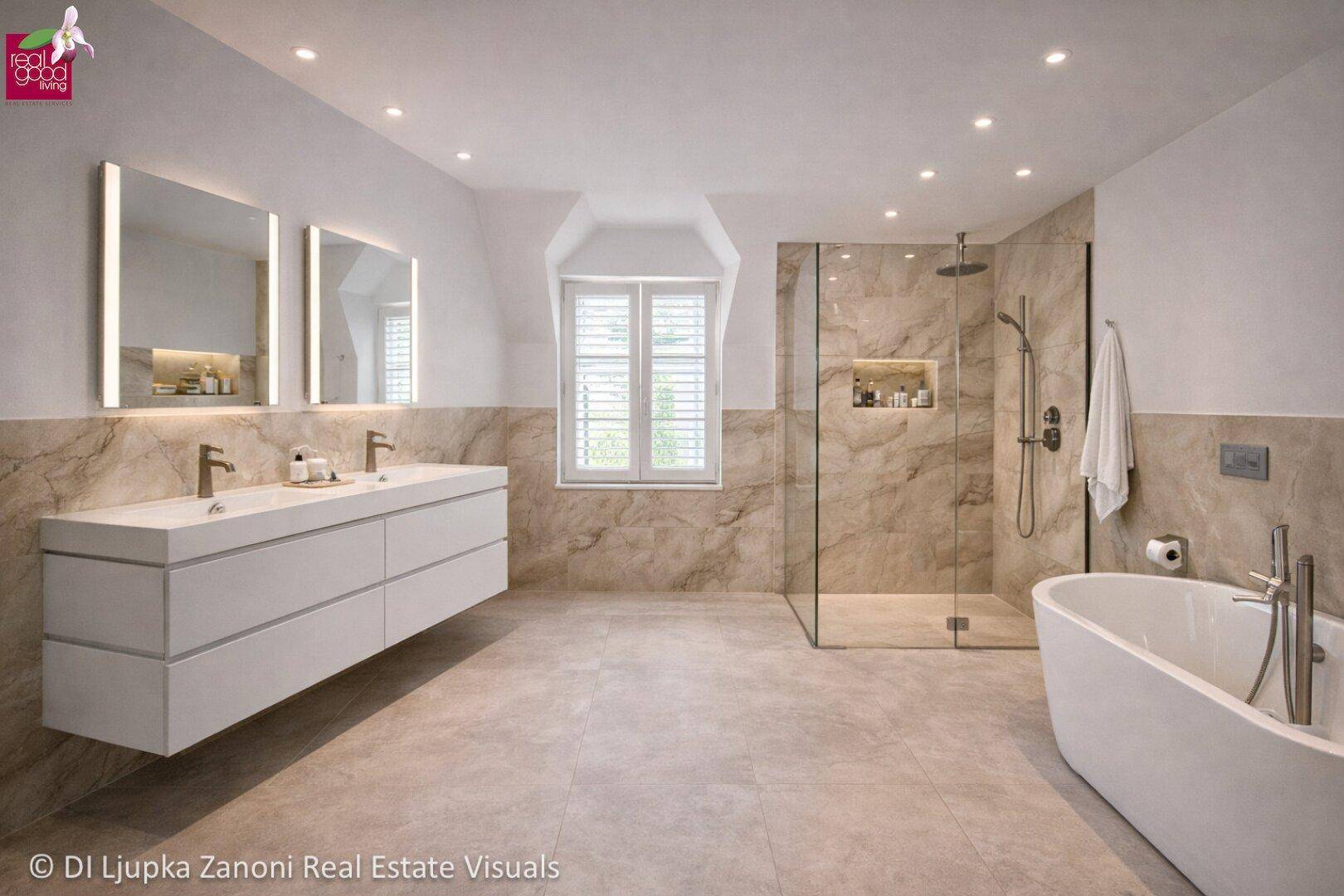Modernes Badezimmer mit Doppelwaschbecken, begehbarer Dusche und freistehender Badewanne.