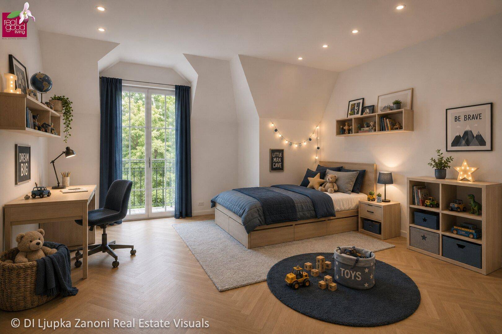 Kinderzimmer mit Bett, Schreibtisch, Stauraum und Zugang zu einem französischen Balkon.