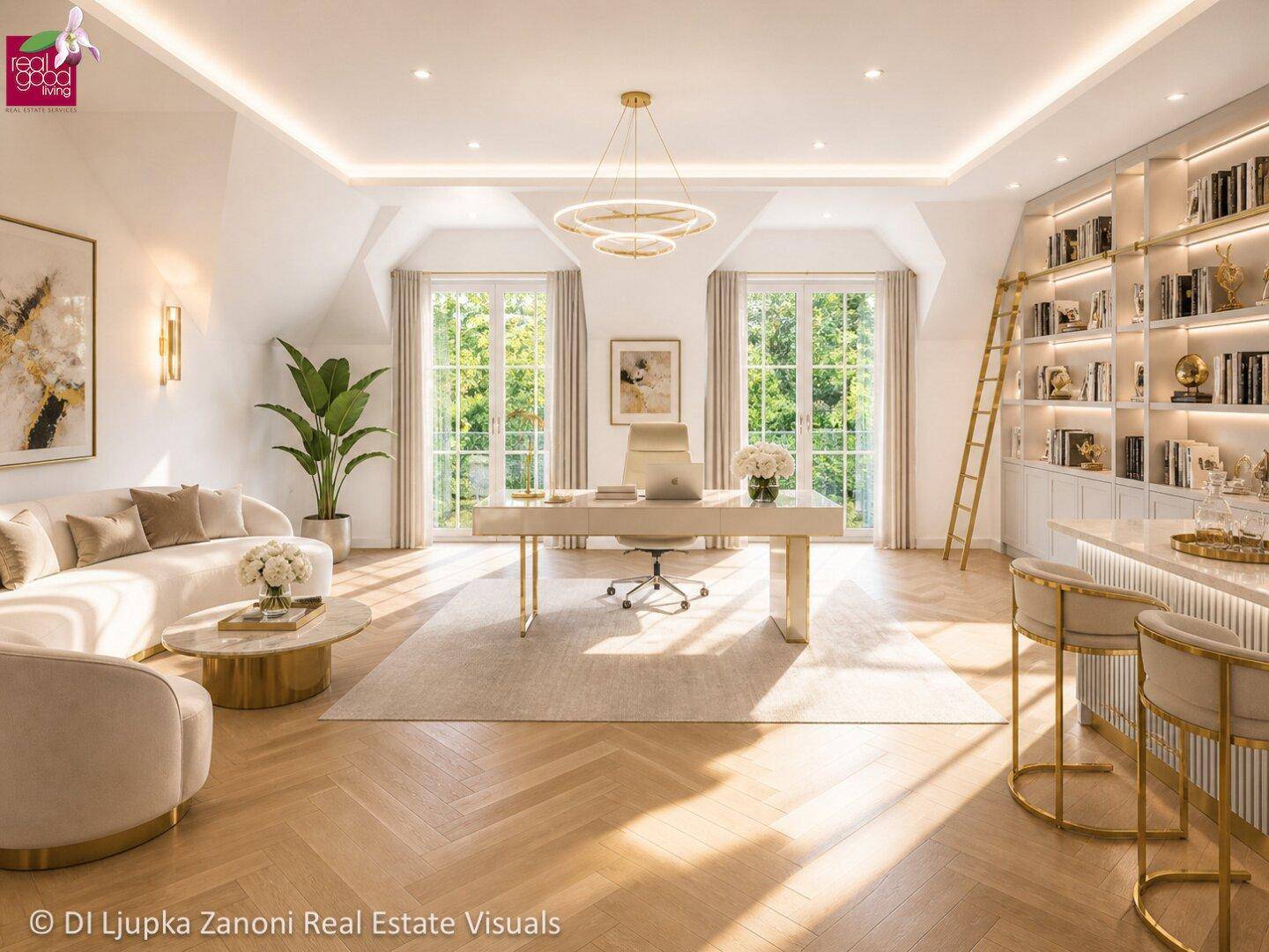 Luxuriöses Heimbüro mit großem Schreibtisch, eingebauten Bücherregalen und viel Tageslicht.