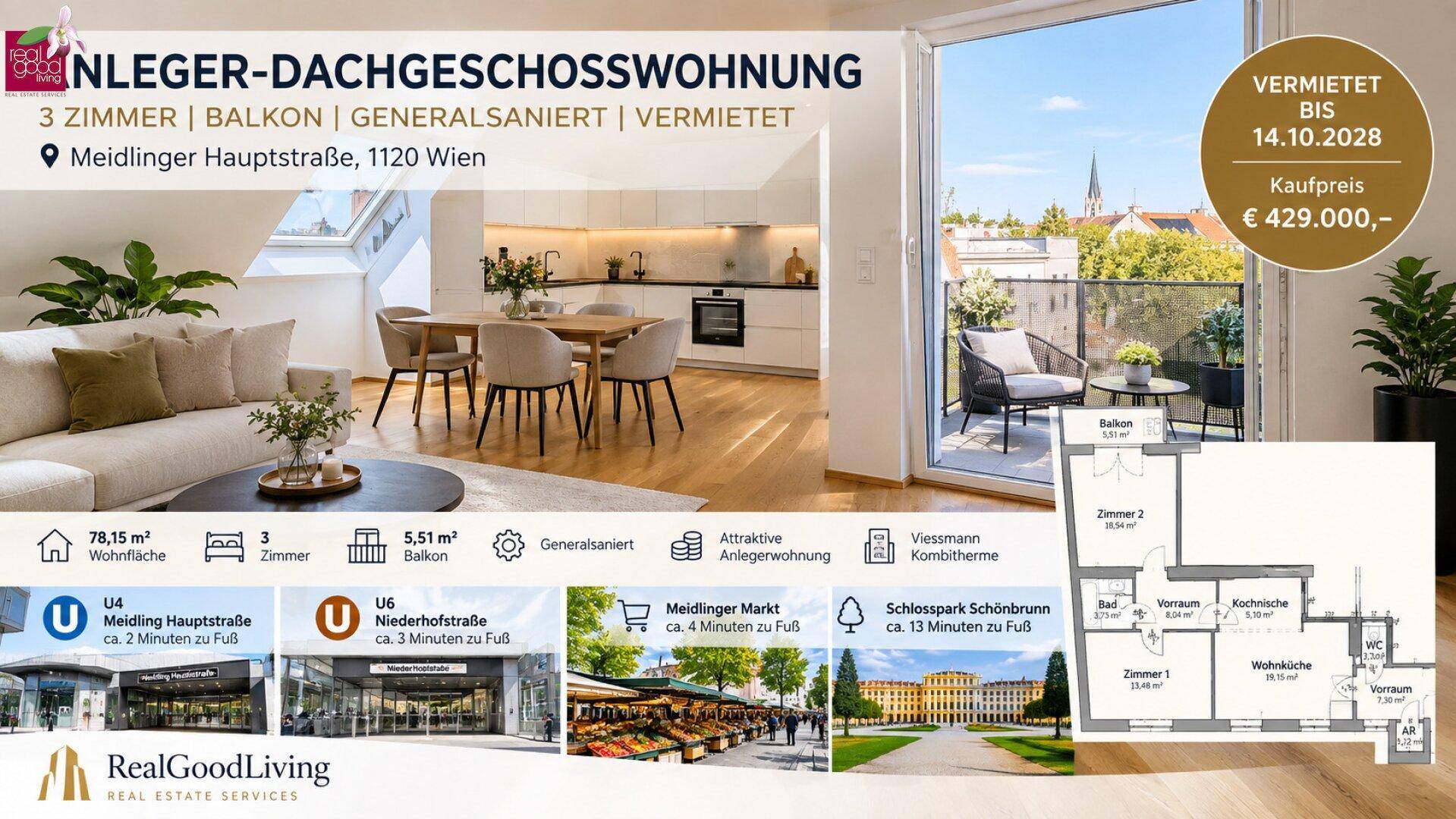 Helle Dachgeschosswohnung mit offenem Wohnbereich, moderner Küche und Balkon mit Stadtblick.